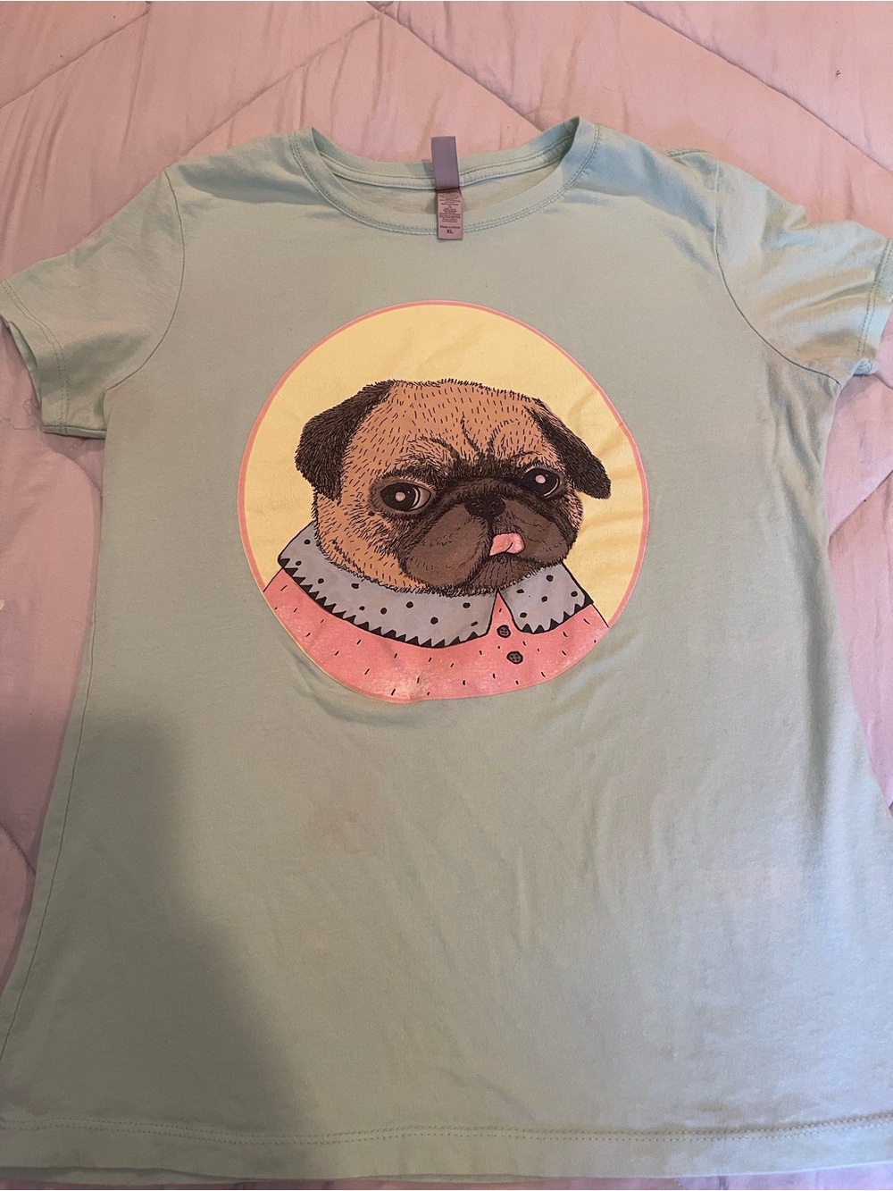 Next Level Apparel Light Mint Pug Graphic Dog Tee with Pink and Yellow Accents